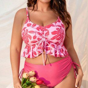 NWOT SHEIN Swim Mod Plus Size Women's Plant Print Drawstring Swimsuit Set